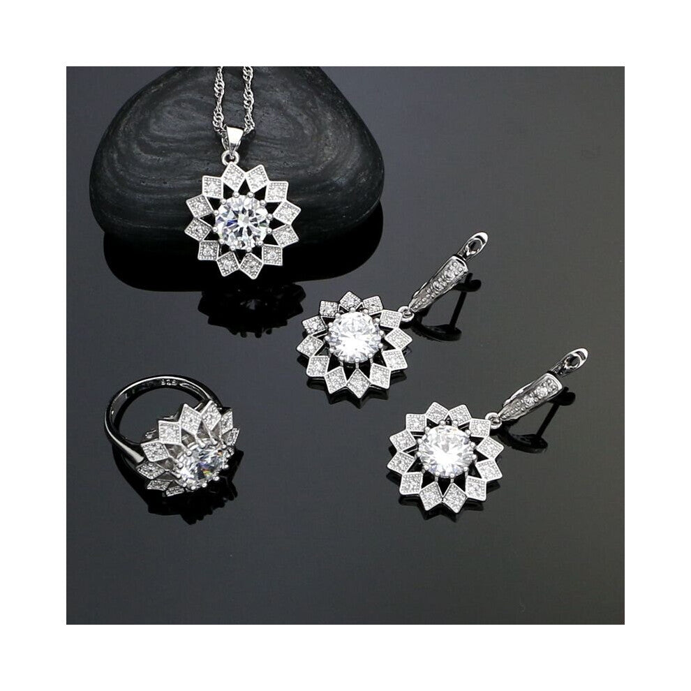 (White-7) 925 Sterling Silver Jewelry Sets Cubic Zirconia Crystal For Bride Wedding Decoration Earrings-Rings-Pendant-Necklace Set
