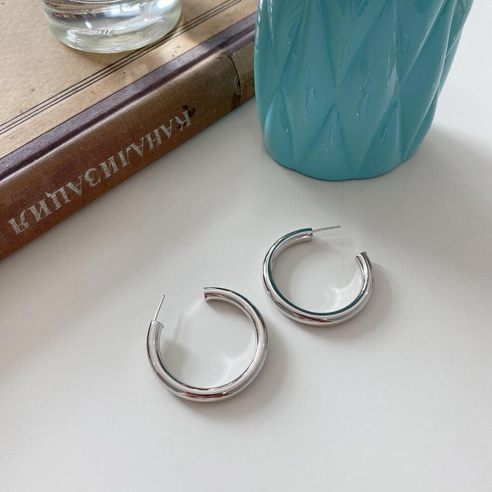 1pair 29mm 100% 925 Sterling silver Glossy Smooth -Gold Big Circle FIRERED Stud Earrings Fine jEWELRY C-C703