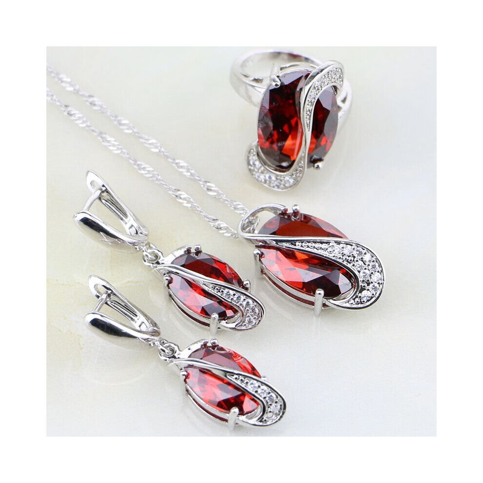 Egg Shaped 925 Sterling Silver Jewelry Sets Red Garnet Zircon CZ For Women Wedding Earring-Pendant-Necklace-Ring