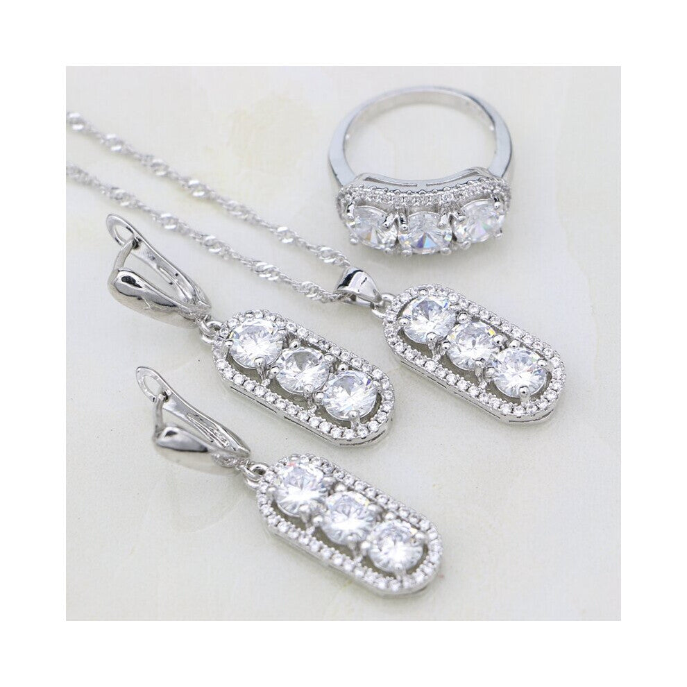 (White-7) Jewelry Sets For Women Cubic Zirconia Crystal 925 Sterling Silver Earrings-Necklace-Pendant-Ring Wedding Decoration