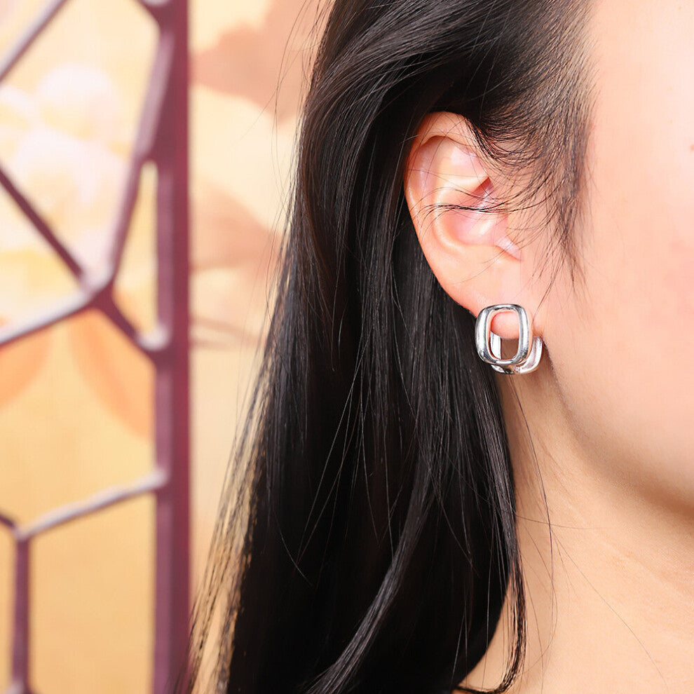 Letter O Hollow Square Hoops Women Shinning Glossy Silver Studs Earrings 925 Sterling Silver Brincos Bijoux Cube Bijoux