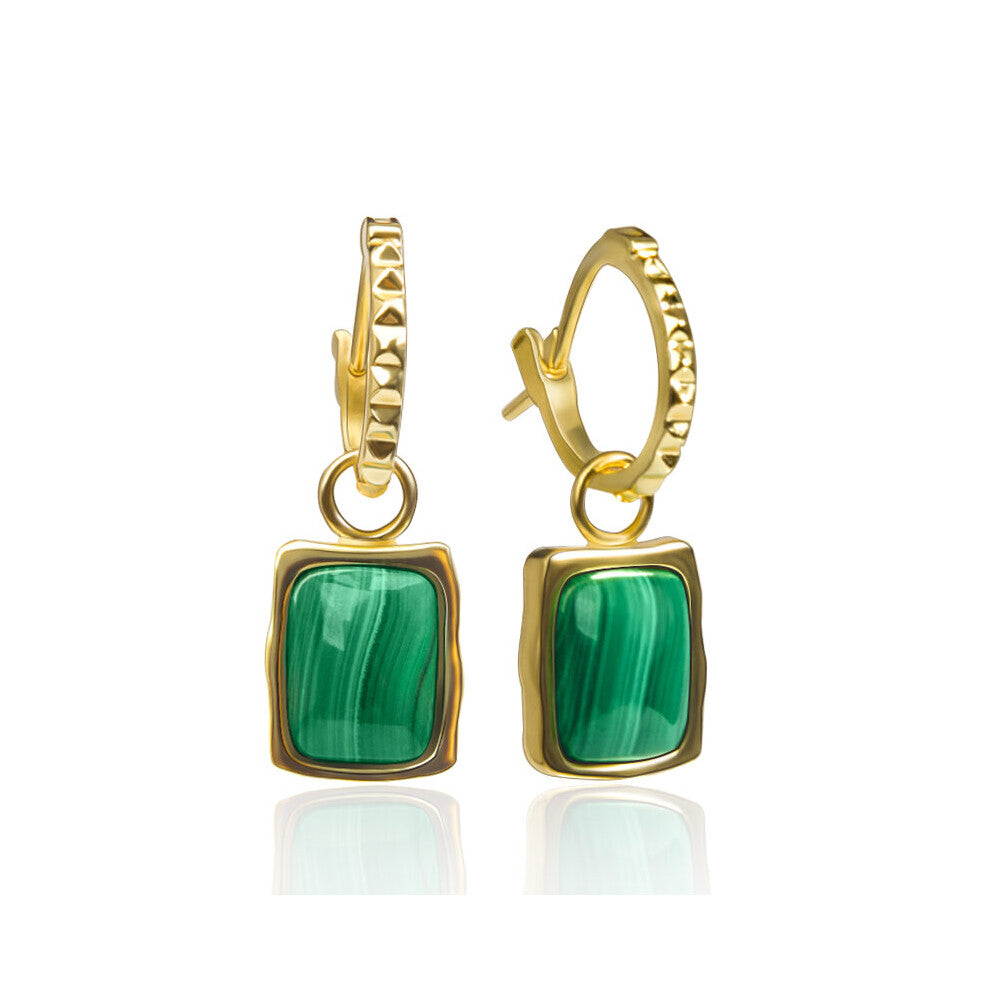925 Sterling Silver Rectangle Green Malachite Eardrop Women's Hoop EarringsLight Female Jewelry