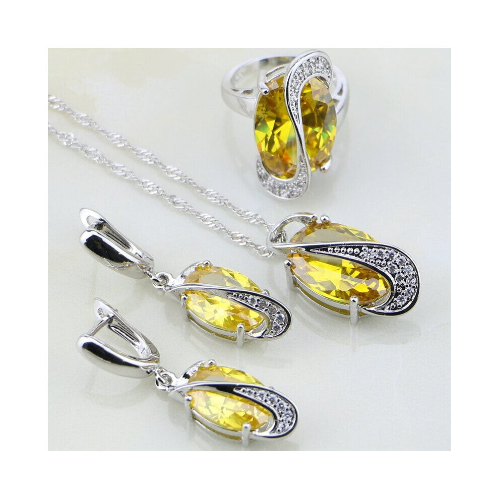925 Sterling Silver Jewelry Orange Yellow Cubic Zirconia Jewelry Sets For Women Wedding Earring-Pendant-Necklace-Ring