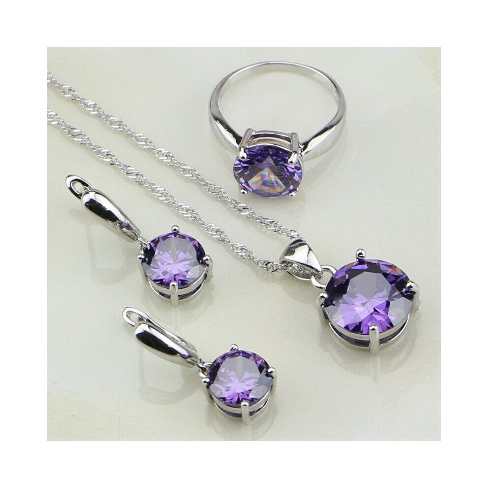 Round Purple Cubic Zirconia 925 Sterling Silver Bridal Jewelry Sets For Women Wedding Earrings-Pendant-Necklace-Ring