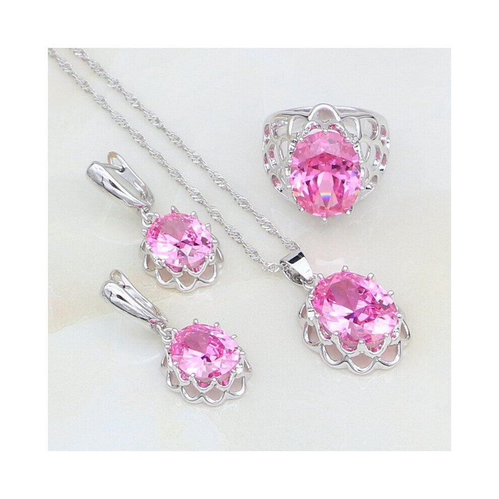 (Pink-6) Romantic 925 Silver Jewelry Pink Cubic Zirconia CZ Bridal Jewelry Sets For Women Engagement Earring-Pendant-Necklace-Ring