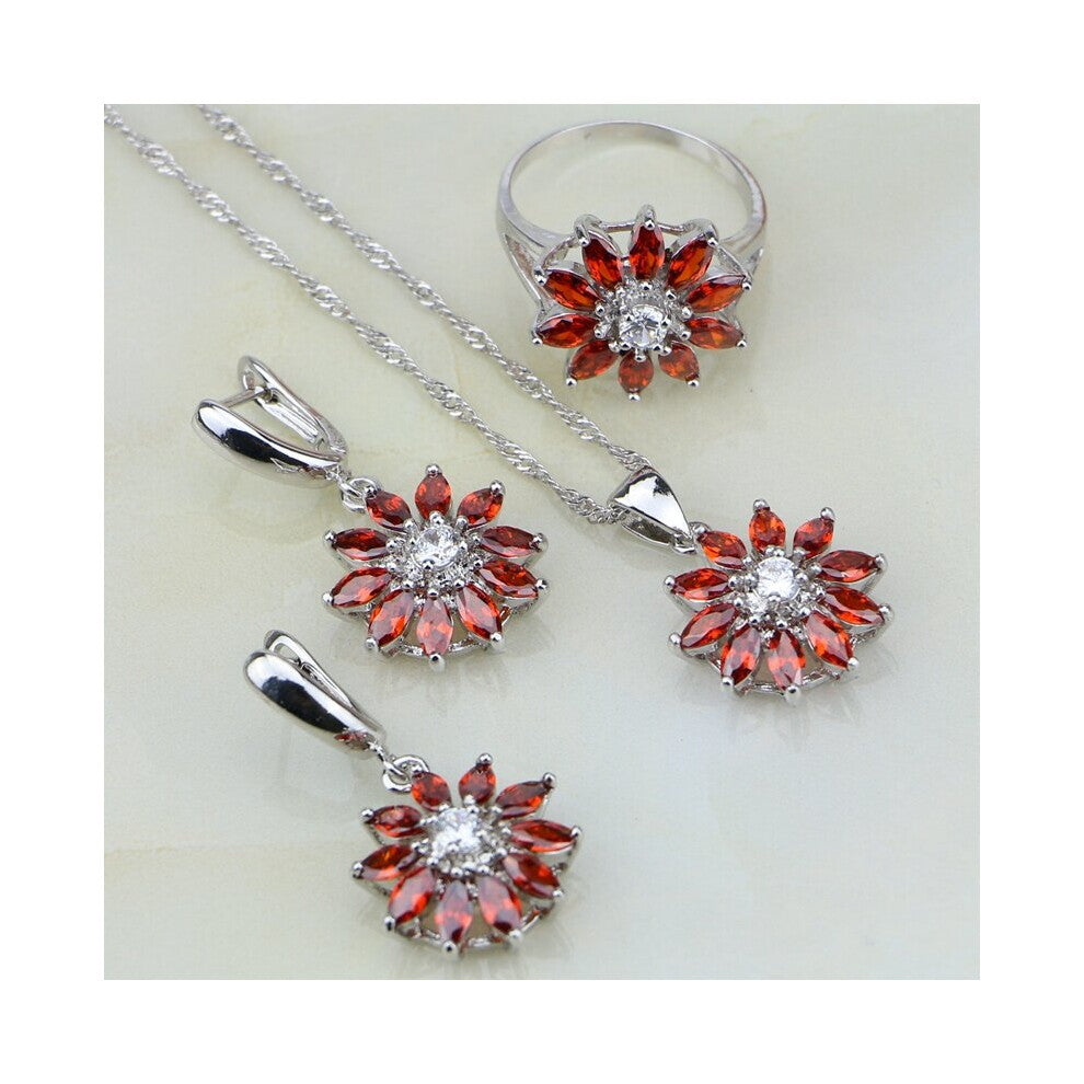 Red Garnet Zircon CZ 925 Silver Jewelry Sets For Women Wedding Earring-Pendant-Necklace-Ring Box 3PCS