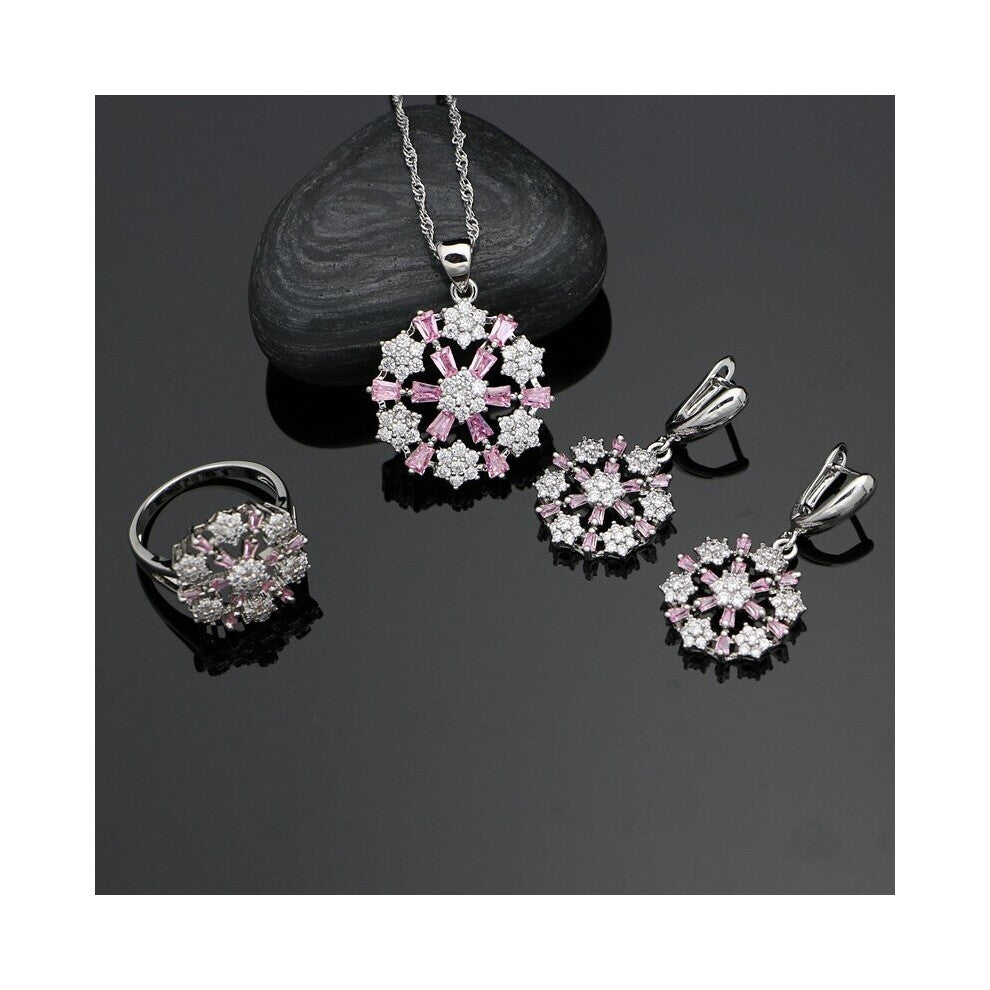 Rock Pink Cubic Zirconia Crystal 925 Sliver Jewelry Sets For Women Wedding Earrings-Ring- Bridal Necklace Set