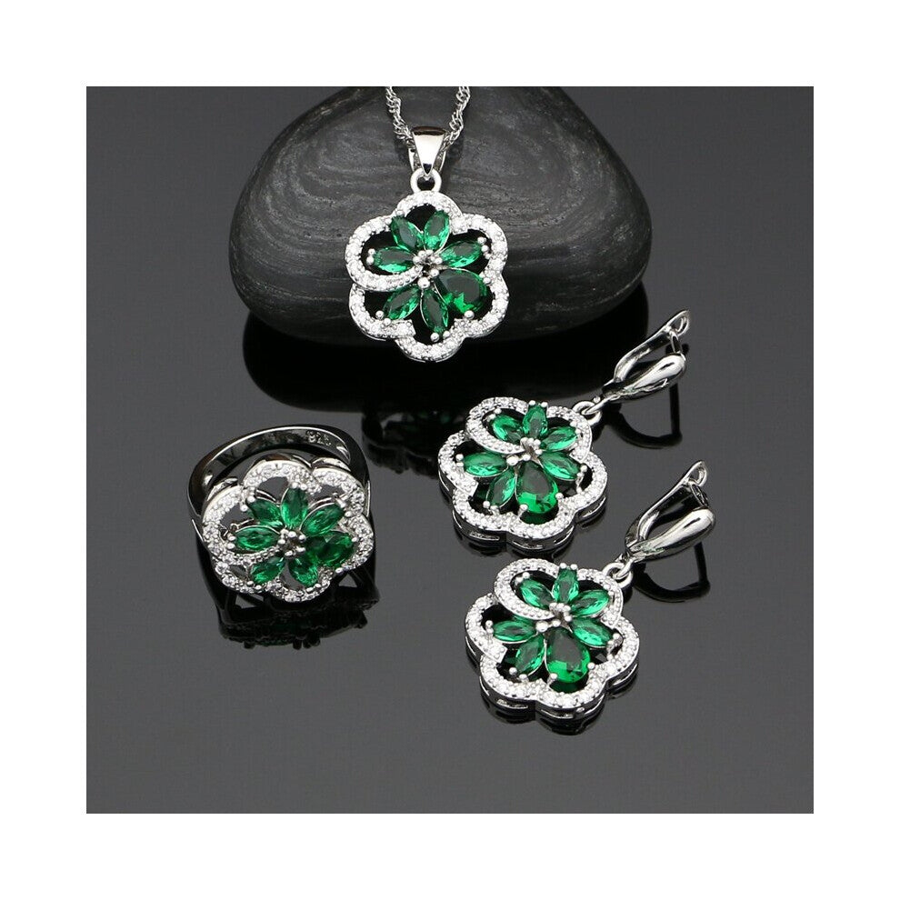Flower Silver 925 Jewelry Sets Green CZ Crystal Jewelry for Women Drop Earrings-Pendant-Rings-Necklace Set