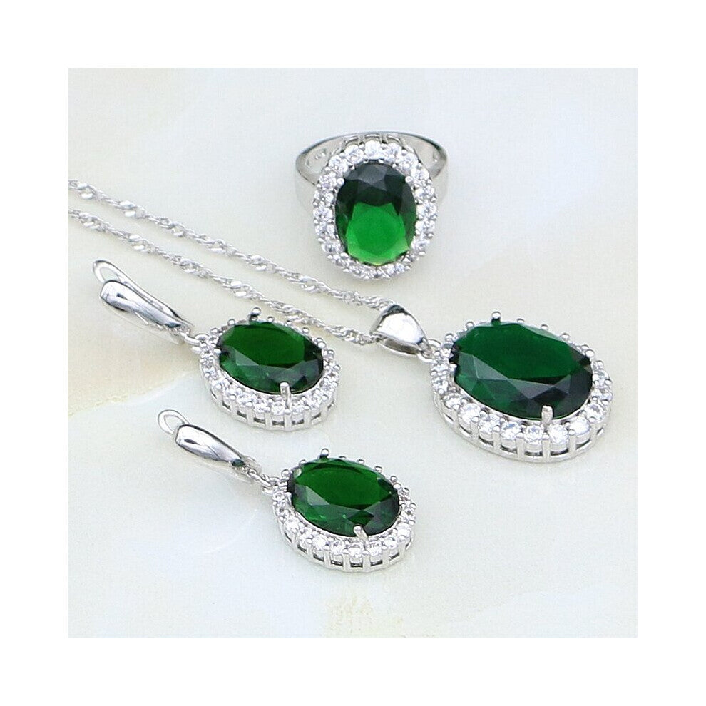 Green Stones Cubic Zirconia 925 Sterling Silver Costume Jewelry Sets For Women Wedding Earrings-Pendant-Necklace-Ring