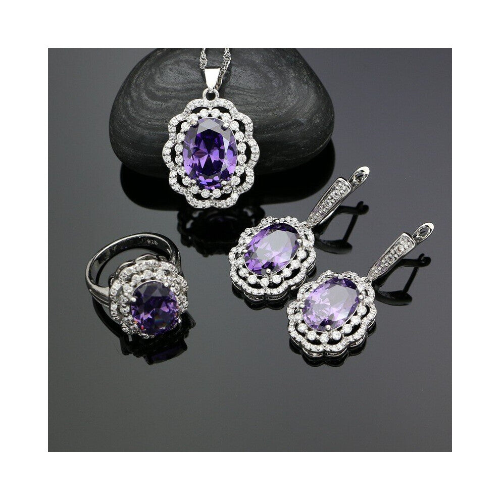 (Purple-6) 925 Silver Wedding Jewelry Sets For Bride Purple Cubic Zirconia Crystal Earrings-Pendant-Necklace-Ring Set