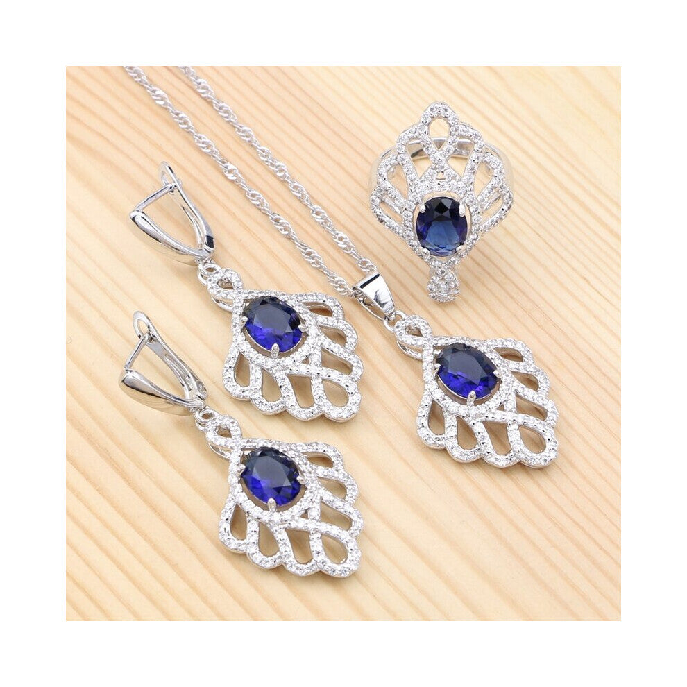 (Blue-6.5) 925 Sterling Silver Bridal Jewelry Sets For Women Cubic Zirconia Crystal Earrings-Pendant-Necklace-Ring Set