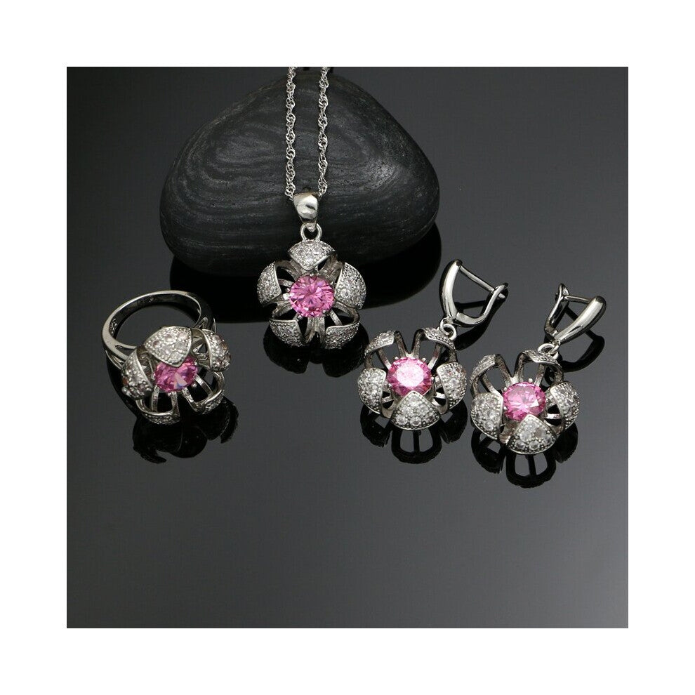Princess Pink Cubic Zirconia Stone Women 925 Sliver Jewelry Sets For Wedding Earrings-Ring- Bridal Necklace Set