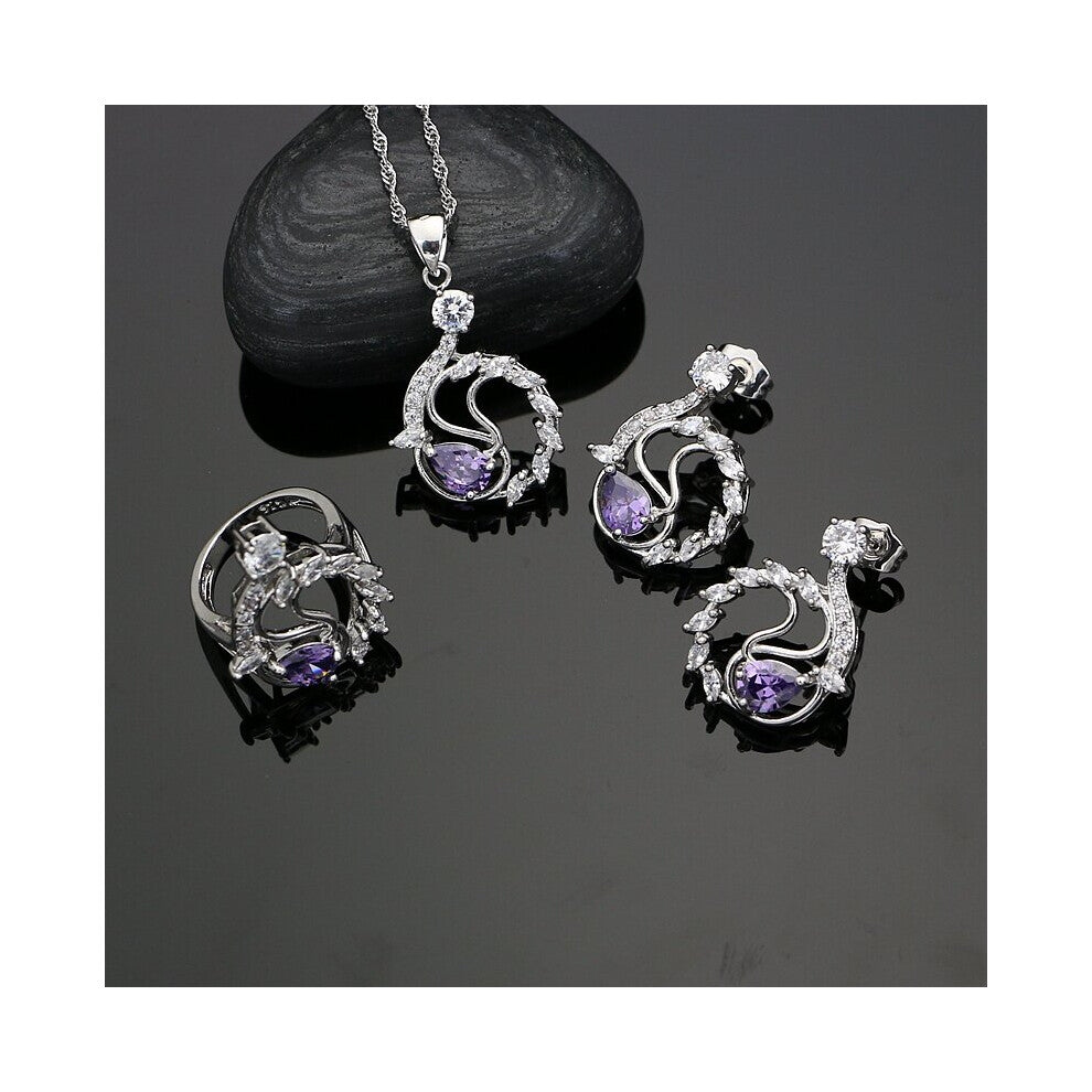 925 Sterling Silver Jewelry Set Natural Purple Cubic Zirconia Beads For Women Wedding needle Earrings-Pendant-Ring-Necklace Set