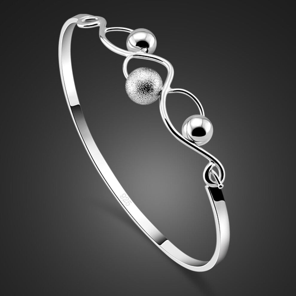 Women's Sterling Silver Bangle-Minimalist Frosted Bead Pendant-925 Silver Bracelet Opening Design-Body Jewelry