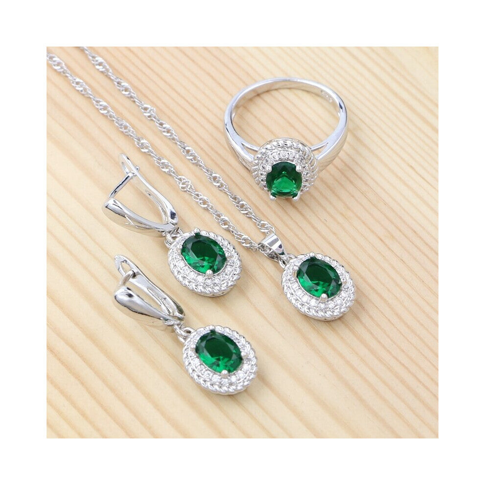 (Green-7) 925 Silver Jewelry Sets For Women Green Cubic Zirconia Crystal Oval Earrings-Pendant-Necklace-Ring Set