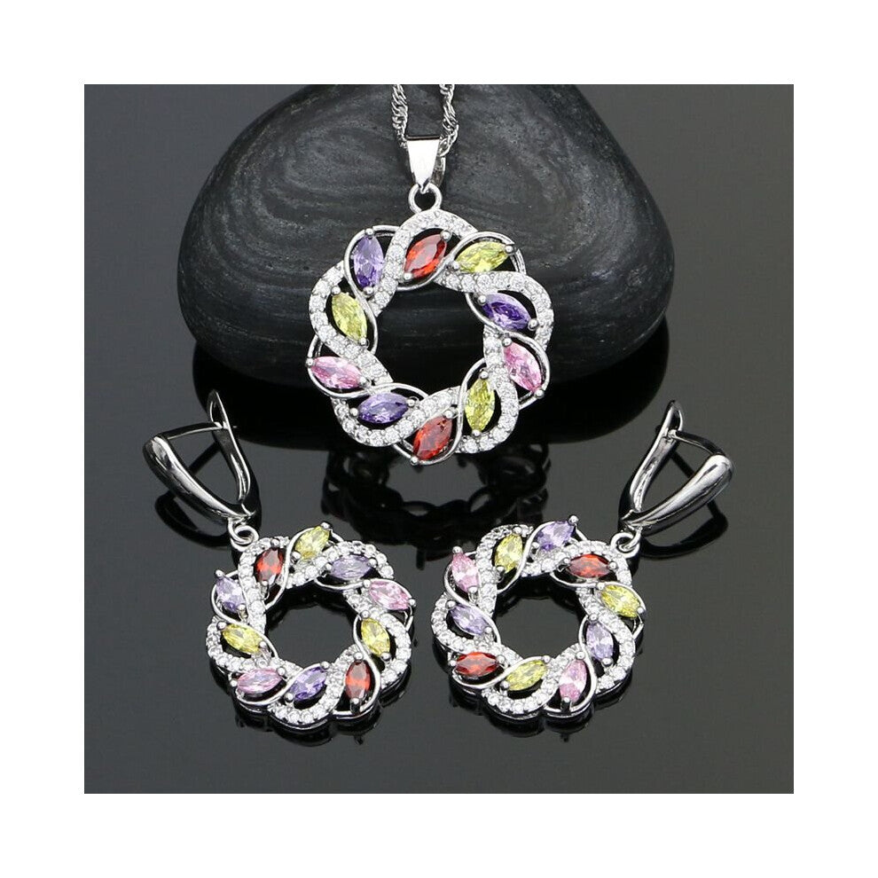 925 Sterling Silver Bridal Jewelry Sets Multicolor Cubic Zirconia Earrings-Necklace-Pendant Set For Women Wedding Accessories