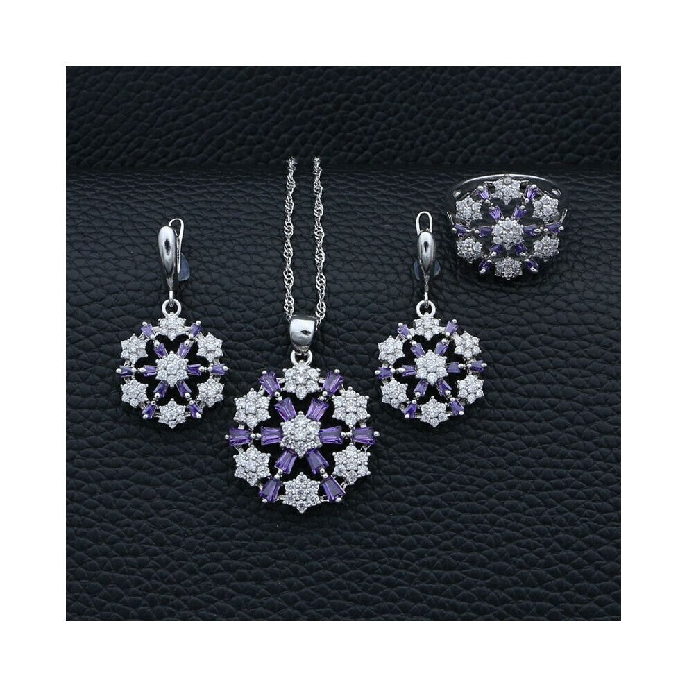 Silver 925 Bridal Jewelry Kits Purple Cubic Zirconia Crystal For Women Flower Shaped Earrings-Pendant-Necklace-Ring