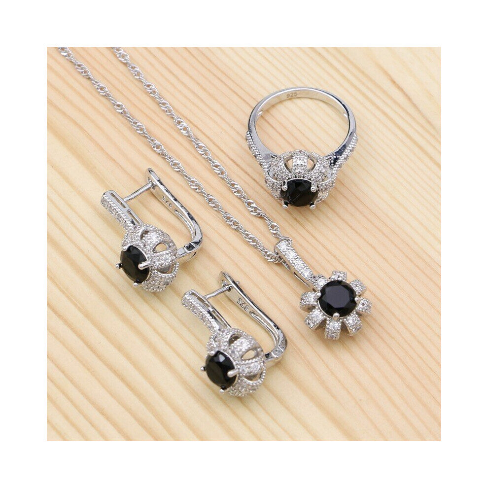 (Black-7) Punk 925 Silver Jewelry Sets For Women Party Acccessories Cubic Zirconia Stud Earrings-Pendant-Necklace-Ring