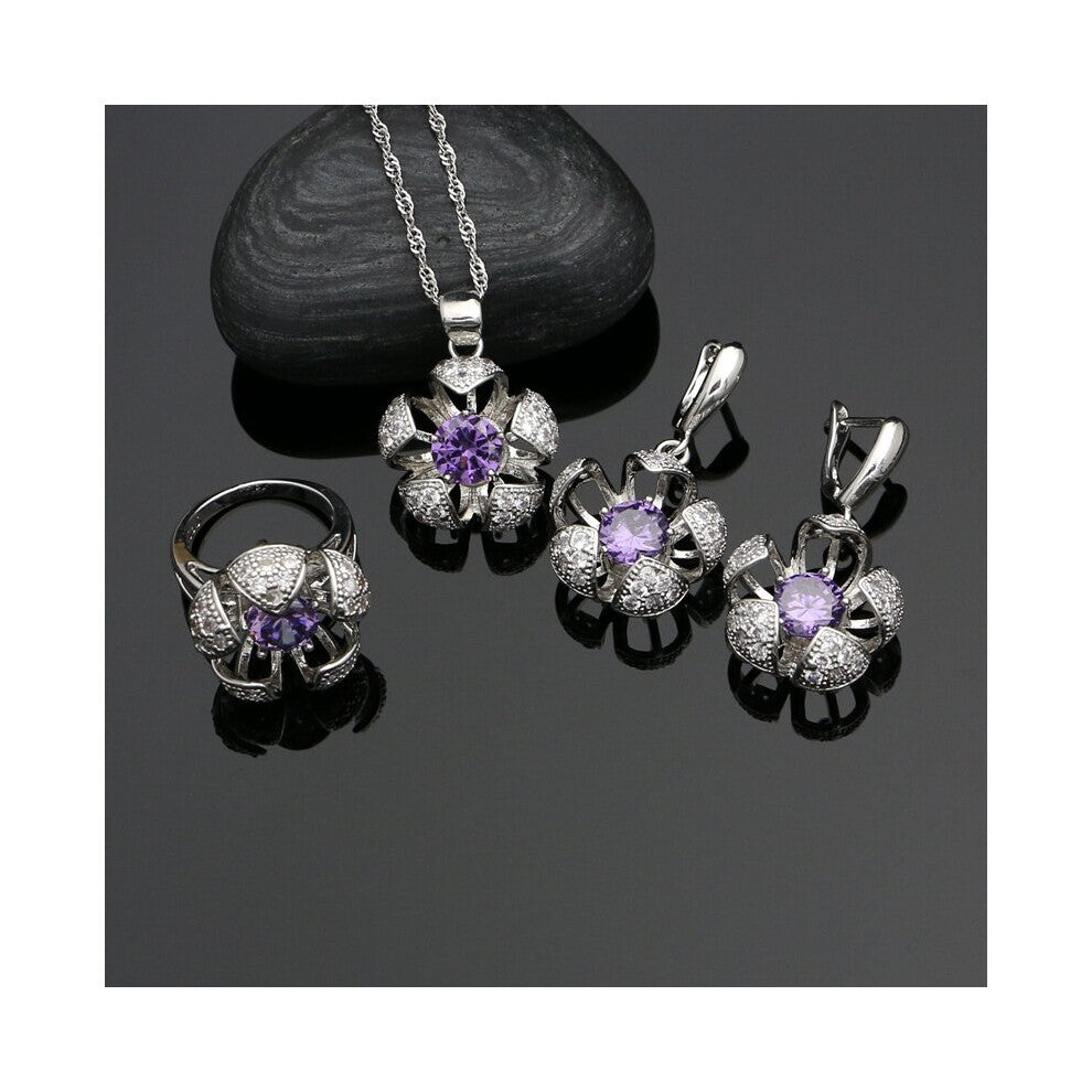 925 Silver Jewelry Sets Natural Purple Zircon Decoration For Women Earrings-Pendant-Rings-Necklace Set