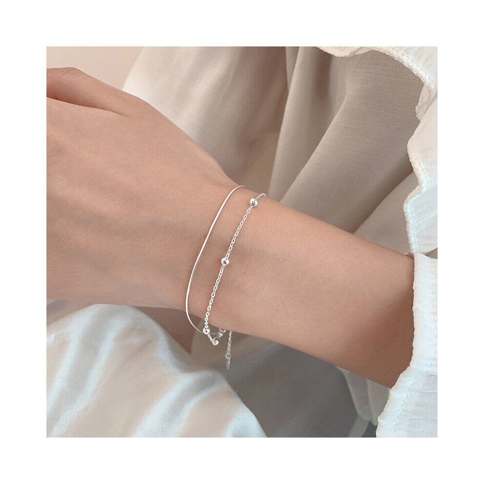 S925 Silver Snake Bone Chain Glossy Beads Double Bracelet Women Fine Jewelry for Wedding Party Gift