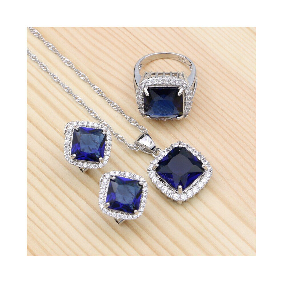 (Blue-7) Cubic Zirconia Crystal Earrings-Pendant-Necklace-Ring Set 925 Sterling Silver Jewelry Sets For Women