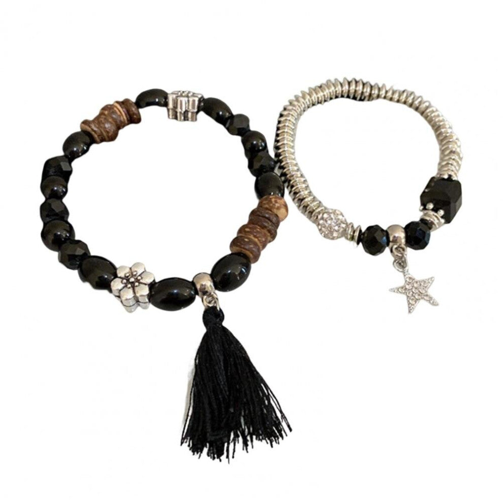 2Pcs-Set Stylish Glossy Faux Crystal Tassels Decor Men Bracelet Smooth Couple Bracelet Jewelry