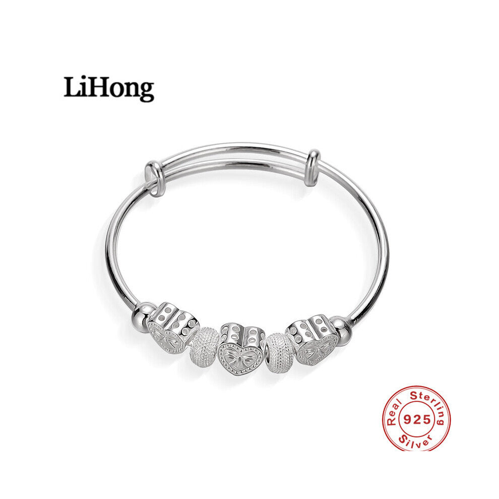 925 Sterling Silver Bangle Lucky Beads Heart-shaped Bracelet Cuffs For A Woman's Engagement Jewelry Gift