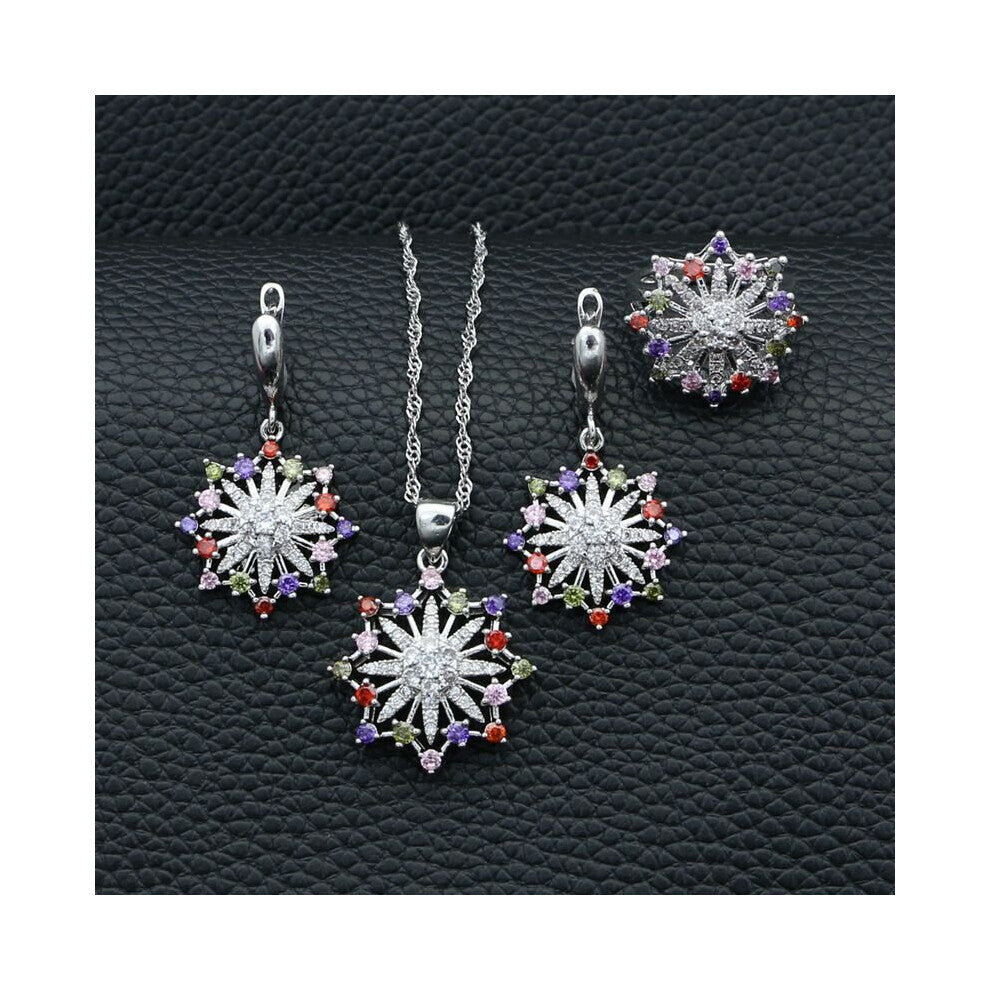Silver 925 Jewelry Kits Multicolor Cubic Zirconia Crystal For Bride Wedding Accessories Earrings-Pendant-Necklace-Ring