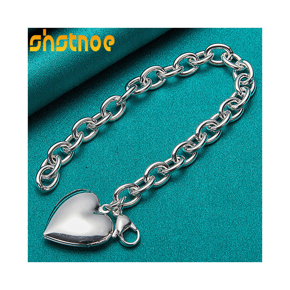 925 Sterling Silver Smooth Heart Photo Frame Chain Bracelet For Women Party Engagement Wedding Gift Charm Jewelry