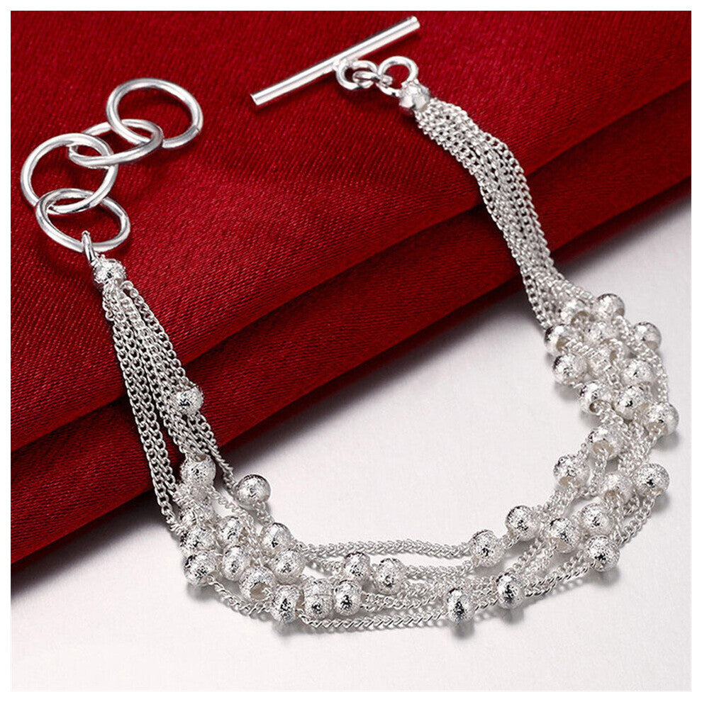925 Sterling Silver Glossy Frosted Multi-threaded Beaded Bracelet Women Wedding Engagement Party Jewelry
