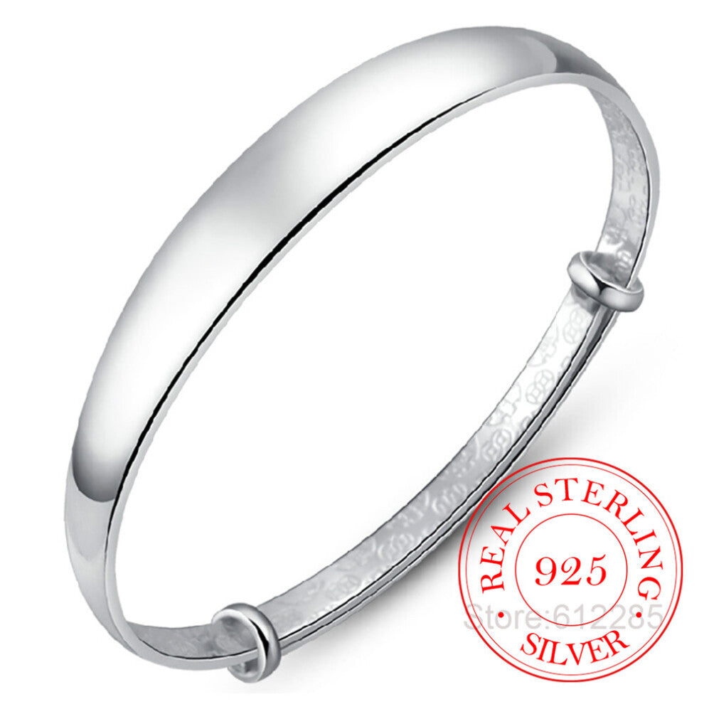 925 Sterling Silver Woman Cuff Bracelet Open Thick Glossy Adjustable Lucky Charm Vintage Bangle Friendship Jewelry