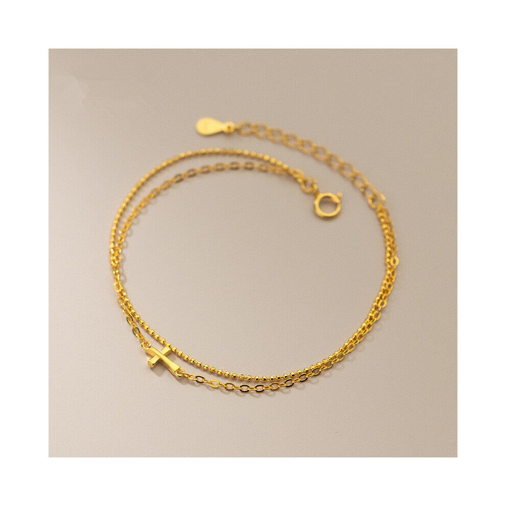 Real 925 Sterling Silver Retro Double Chain Cross Bracelet&Bangle for Women Teen Party Gothic Unusual Jewelry Gift