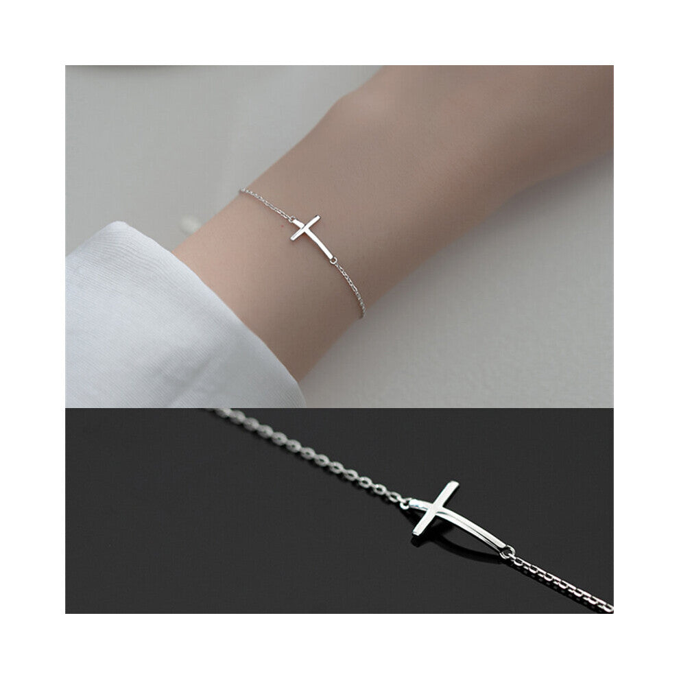 925 Sterling Silver Women Glossy Cross Bracelet Adjust Size For Girl Lady Gift Personalized Hand Jewelry