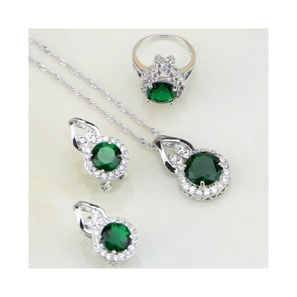 Round Shaped Green Emerlad Zircon CZ 925 Sterling Silver Jewelry Sets For Women Wedding Earrings-Pendant-Necklace-Ring