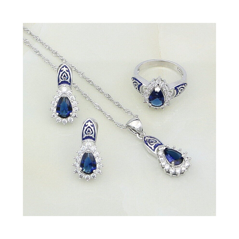 (Blue-7) Oil Paint 925 Sterling Silver Jewelry Rhinestone CZ Water Drop Jewelry Sets Earring-Pendant-Necklace-Ring For Women
