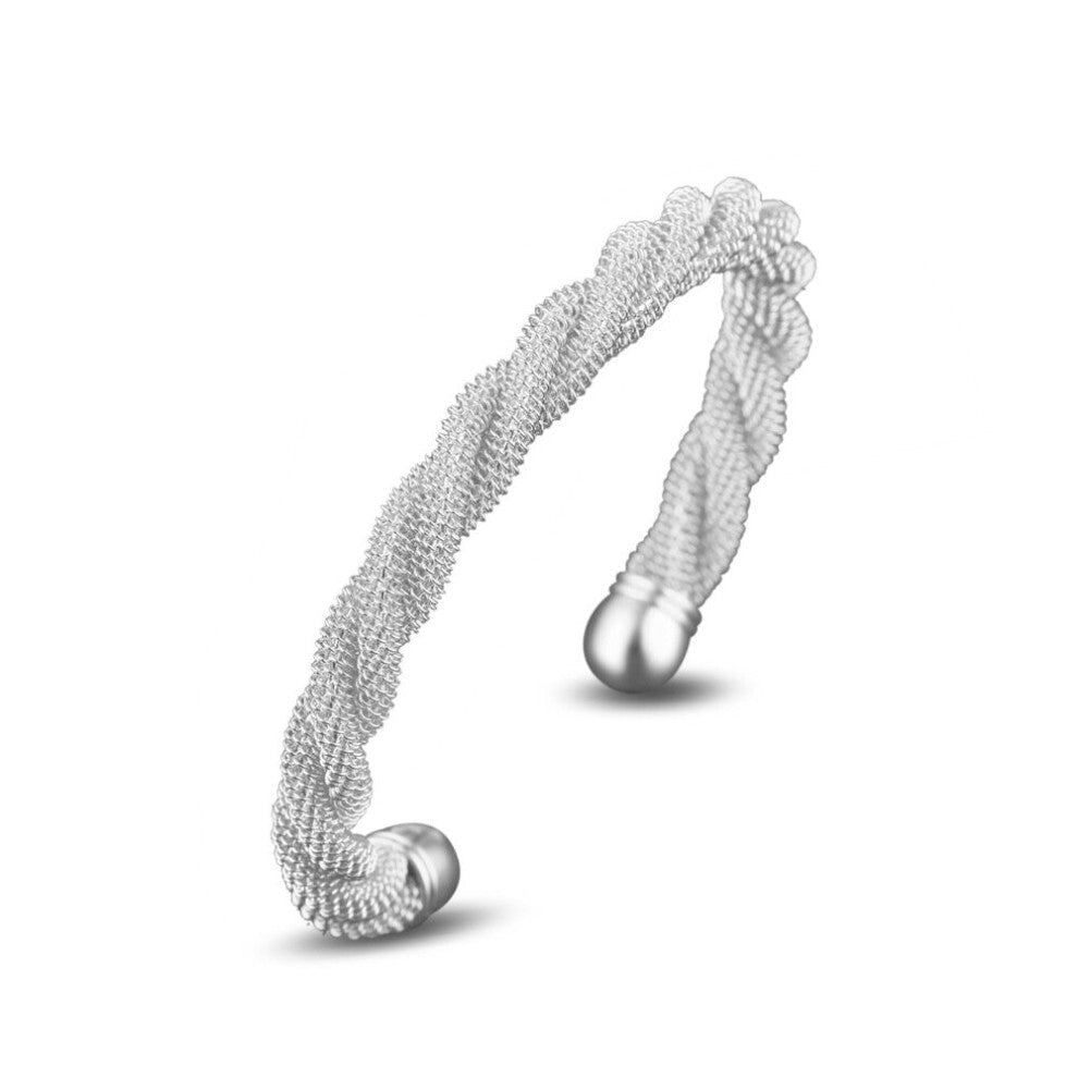 Personality OL Woman Gift Mesh Twined Open 925 Sterling Silver 18KT Cuff Bangle Bracelet BR200