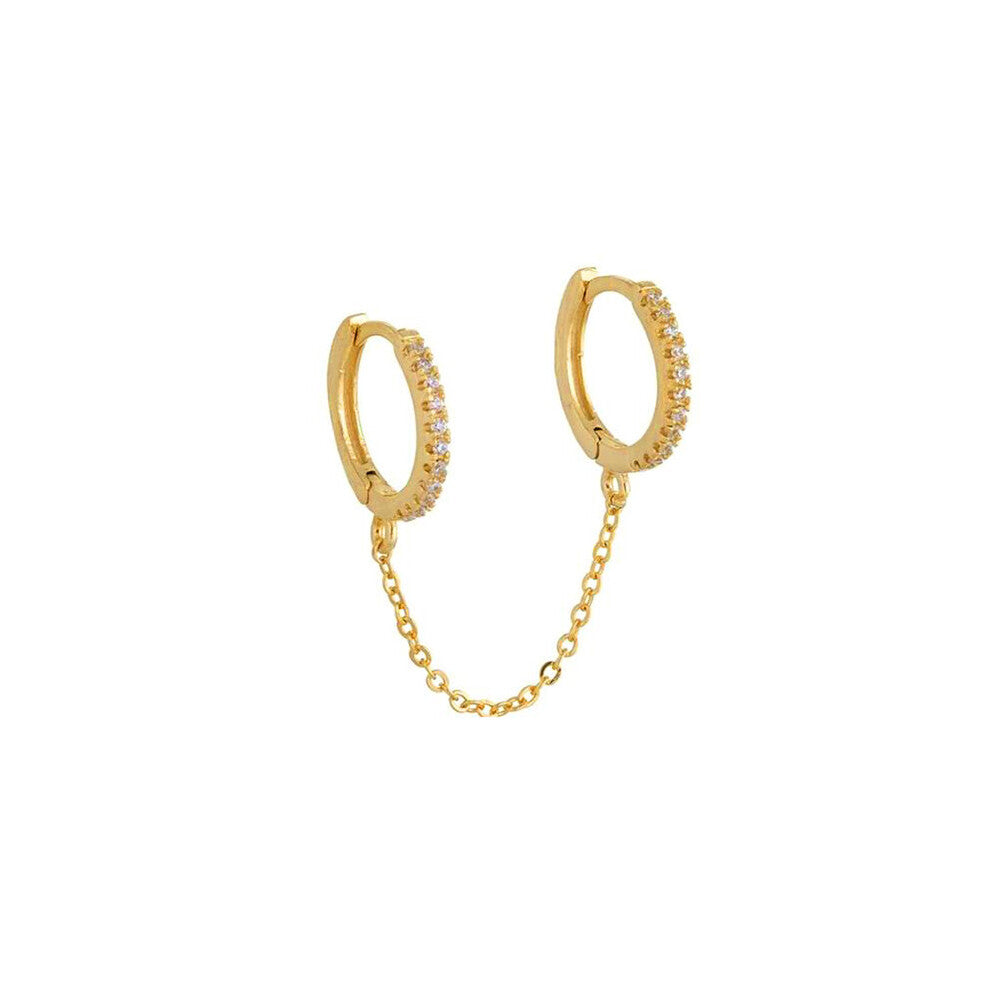 Double Hoop Earring with Chain 925 Sterling Silver Ear Needle Crystal Huggie Earrings Party Jewelry Piercing Earlobe Hoops