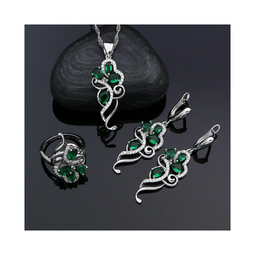 Silver 925 Jewelry Green CZ Crystal Jewelry Sets for Women Party Earrings Pendant-Rings-Necklace Set