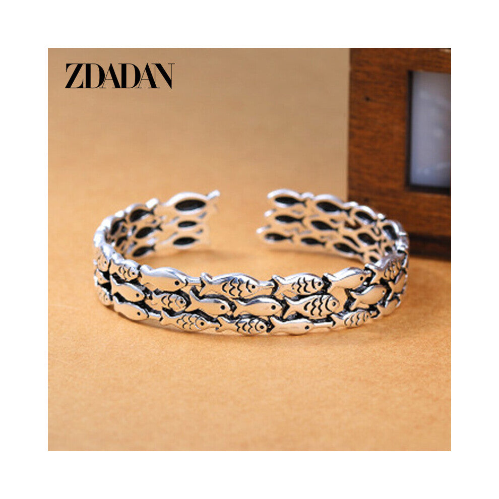 925 Sterling Silver Fish Open Cuff Bracelet&Bangles For Women Men Jewelry