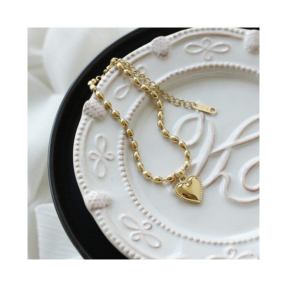 14K Oval Barrel Beads Bracelet Round Bead Love Glossy Heart Bracelet For Women Jewelry Gift