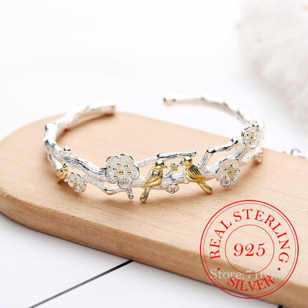 100% 925 Sterling Silver Tree Bird Bracelet&Bangle For Women Girls Wedding Gift Personalise Jewelry Pulseira Feminina