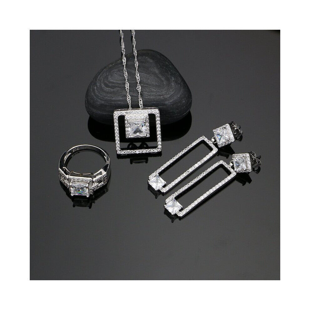 Silver 925 Jewelry Crystal Jewelry Sets For Women Wedding Square Long Earrings-Pendant-Rings-Necklace Set