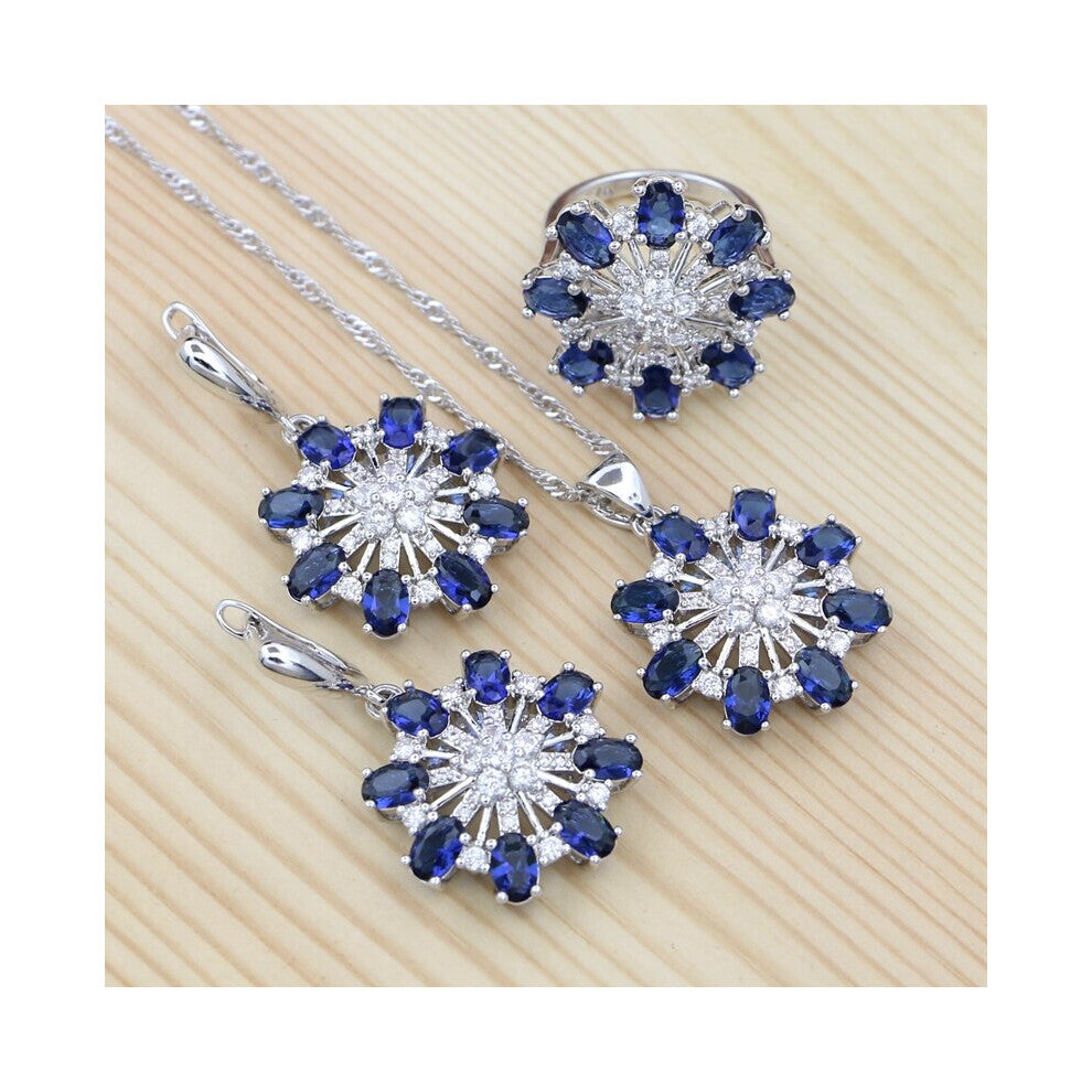 (Blue-7) Flower 925 Sterling Silver Jewelry Sets CZ Crystal for Women Earrings-Ring-Pendant-Necklace