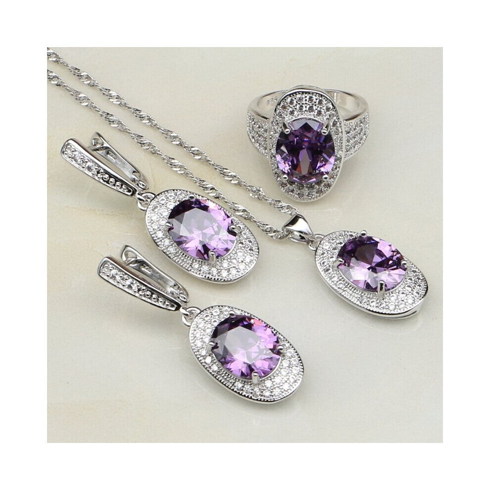 Punk 925 Sterling Silver Jewelry Purple Cubic Zircon CZ Jewelry Sets For Women Engagement Earrings-Pendant-Necklace-Ring