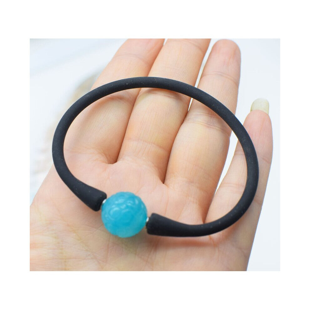 green Amazonite -Aquamarine round carved 14mm siliconebracelet 7.5inch beads nature gemstone