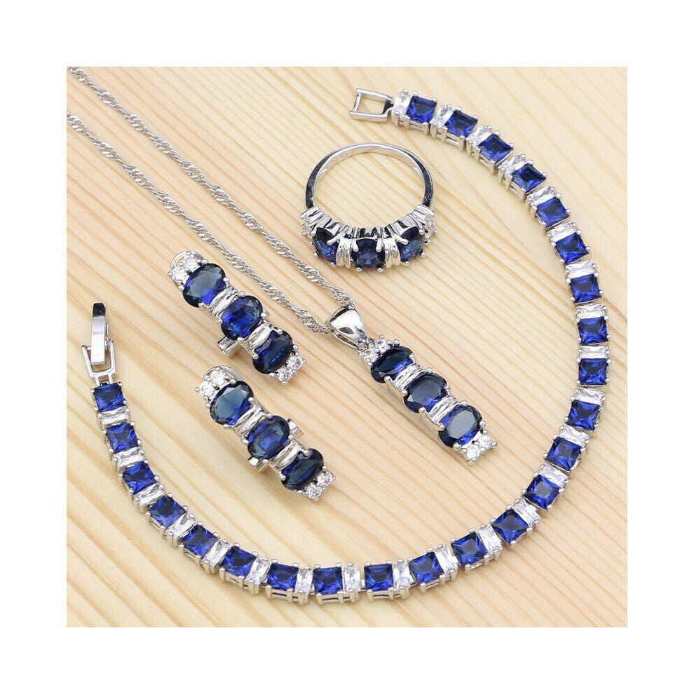 (4PCS Jewelry set White-7-Silver) Silver 925 Jewelry Sets For Women Party Cubic Zirconia Crystal Ring-Bracelet-Necklace-Pendant-Stud Earrings