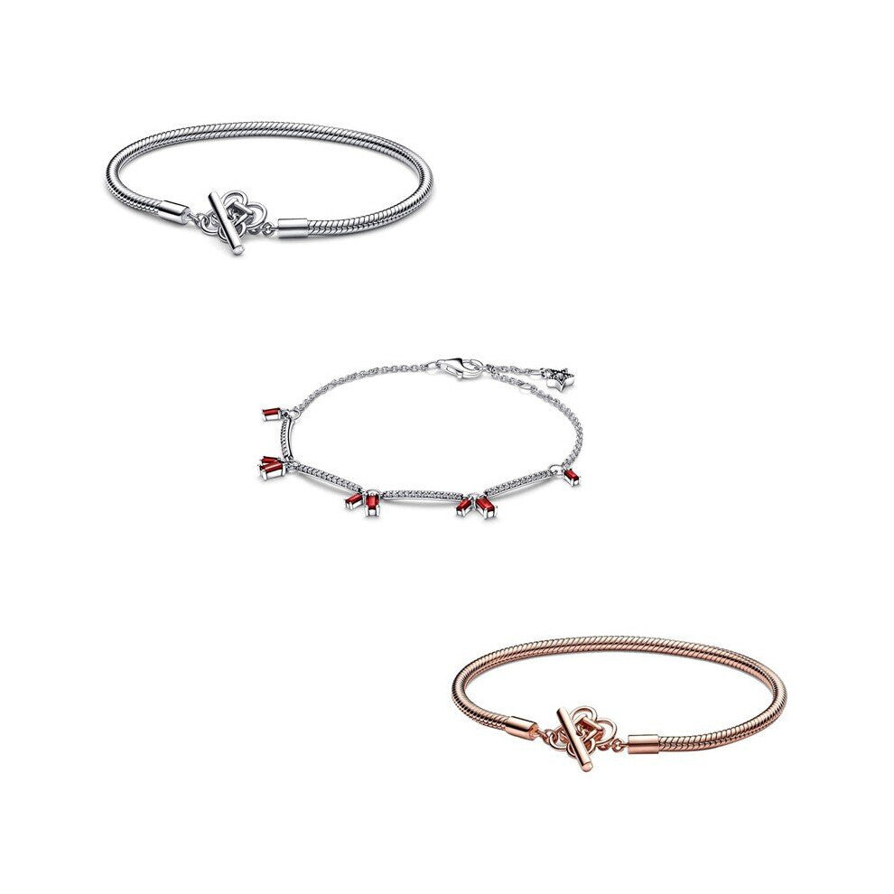 925 Sterling Silver Peace Knot T-bar Snake Chain Firecracker Pave Bars Bracelet Fit Women Bead Charm Jewelry