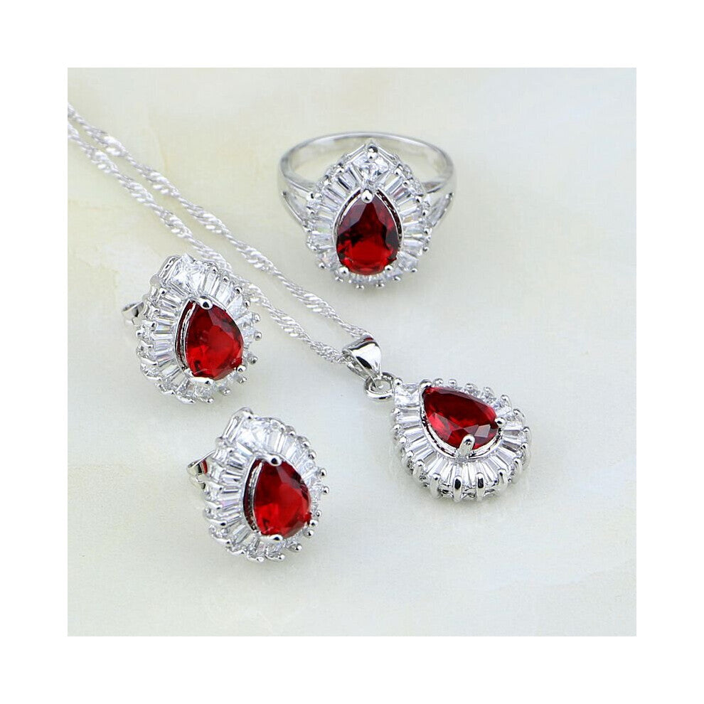 925 Sterling Silver Jewelry Red Cubic Zirconia Zircon Jewelry Sets For Women Wedding Earring-Pendant-Necklace-Ring 3PCS