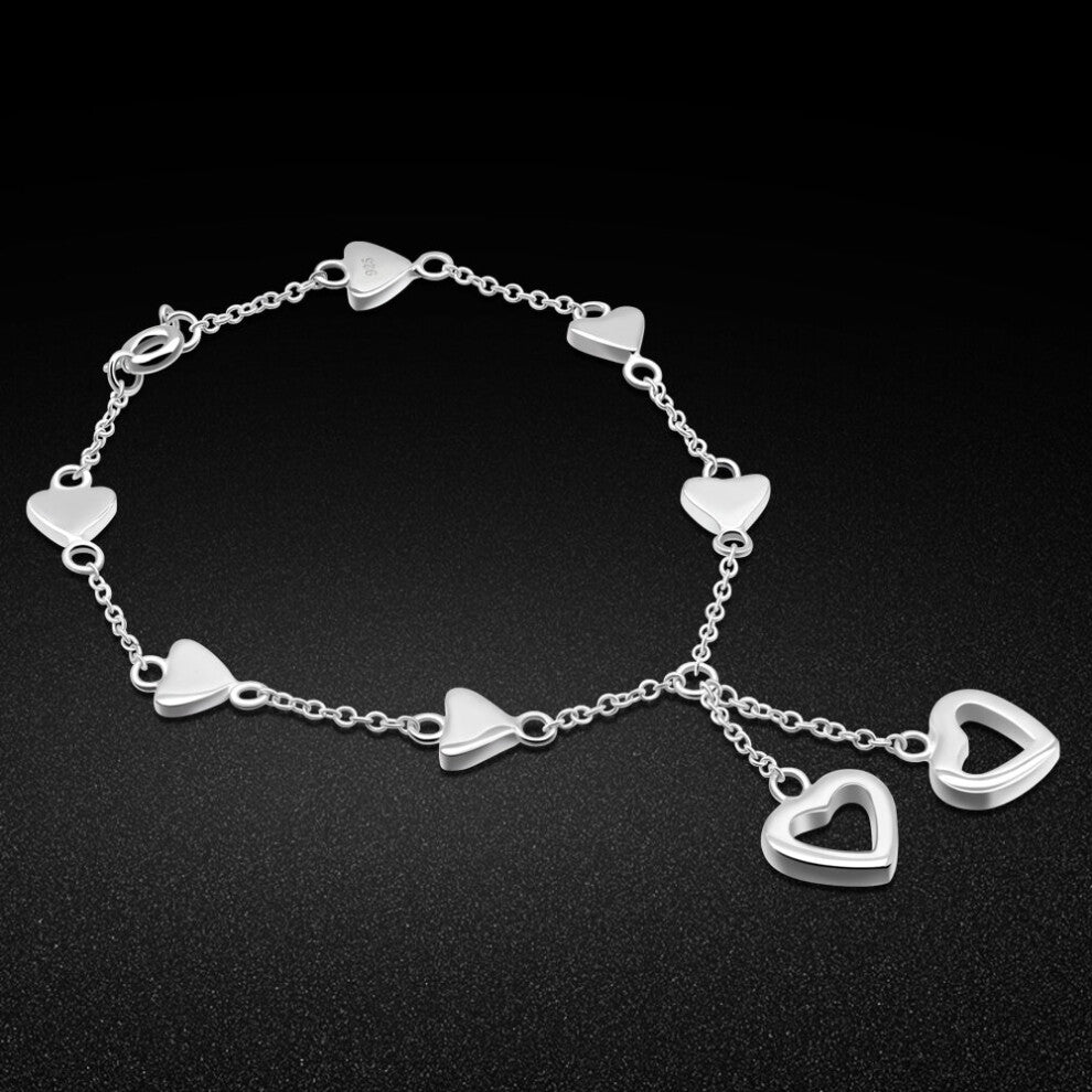 Classic Women's 925 Silver Bracelet-OL Heart Pendant Bracelet-Sterling Silver Charm Bracelet-18CM-Lobster Clamp-Birthday