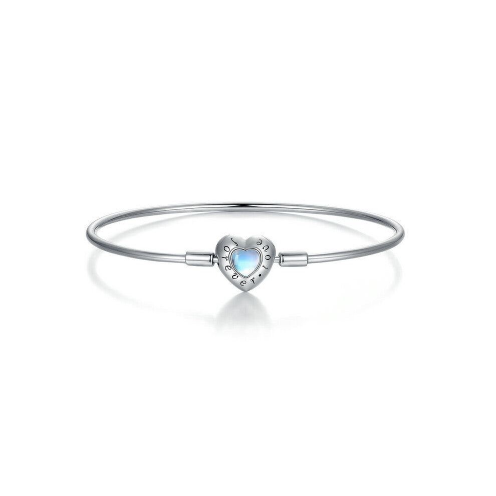 BISAER925 Sterling Silver Forever Love Bright Heart Moonstone Bracelet&Bangle Plated Platinum For Charms Jewelry